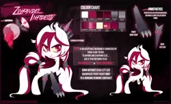Size: 2444x1500 | Tagged: safe, artist:zombie, derpibooru import, oc, oc:von zinfandel infidelity, oc:zin, unofficial characters only, bat pony, amputee, bat pony oc, claws, colored pupils, crown, edgy, evil, evil grin, female, grin, jewelry, long mane, long tail, mare, prosthetic limb, prosthetics, reference sheet, regalia, royalty, smiling, solo, villainess