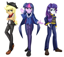 Size: 4600x4100 | Tagged: safe, artist:geraritydevillefort, derpibooru import, applejack, rarity, twilight sparkle, twilight sparkle (alicorn), the count of monte rainbow, equestria girls, absurd resolution, clothes, crossed arms, danglajacks, danglars, evil grin, evil twilight, freckles, grin, looking at you, mondego, monsparkle, musical, pants, rarifort, redraw, simple background, smiling, smirk, the count of monte cristo, transparent background, villefort