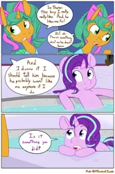 Size: 1280x1930 | Tagged: safe, artist:kryptchild, derpibooru import, snails, starlight glimmer, pony, unicorn, ask glitter shell, comic:glim glam and pals, advice, alternate hairstyle, bath, bow, comic, crossdressing, glitter shell, speech bubble, wet mane