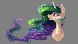 Size: 1920x1080 | Tagged: safe, artist:plainoasis, derpibooru import, princess celestia, alicorn, pony, bust, gray background, open mouth, portrait, profile, simple background, smiling, solo