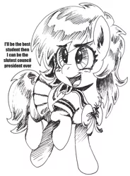 Size: 882x1200 | Tagged: safe, artist:lockhe4rt, derpibooru import, oc, oc:anonfilly, unofficial characters only, pony, bipedal, blushing, clothes, dialogue, ear fluff, female, filly, grayscale, looking back, misspelling, monochrome, open mouth, school uniform, schoolgirl, simple background, sketch, smiling, vulgar, white background