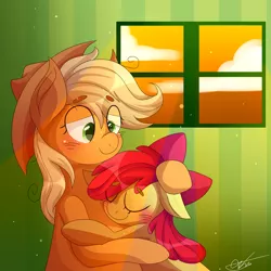 Size: 1500x1500 | Tagged: safe, artist:dddreamdraw, derpibooru import, apple bloom, applejack, earth pony, pony, blushing, cute, duo, embrace, eyes closed, family, female, floppy ears, hand on head, hug, indoors, lidded eyes, pleased, satisfied, sisters, smiling