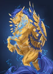 Size: 1500x2100 | Tagged: safe, artist:rossignolet, derpibooru import, flash sentry, pony, awesome, buff, electricity, epic, flash hunktry, flex sentry, glowing tattoos, handsome, male, muscles, simple background, solo, storm, torn ear