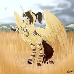 Size: 1280x1280 | Tagged: africa, alicorn, artist:f0rever13, commission, derpibooru import, digital art, full body, looking at you, male, oc, oc:eternal light, paint, paintbrush, painting, rcf community, safe, savanna, solo, spreading, spread wings, stallion, unofficial characters only, wings, ych example, ych result, your character here, zebra, zebra alicorn