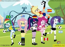 Size: 4232x3072 | Tagged: suggestive, artist:conikiblasu-fan, derpibooru import, applejack, fluttershy, pinkie pie, rainbow dash, rarity, sci-twi, twilight sparkle, equestria girls, argentina, bicycle kick, brazil, breasts, football, germany, humane five, humane six, mane six, peru, spain, sports, uruguay, world cup