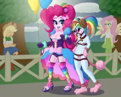 Size: 2560x2048 | Tagged: suggestive, artist:cybersquirrel, derpibooru import, applejack, fluttershy, pinkie pie, rainbow dash, human, equestria girls, anal tail plug, ballgag, balloon, bdsm, belly button, bimbo, bit gag, blue lipstick, blushing, bondage, breasts, bridle, busty pinkie pie, buttplug, cleavage, clothes, collar, corset, dog ears, evening gloves, female, females only, femdom, femsub, fence, gag, gloves, heart, high heels, humanized, humiliation, implied anal insertion, implied insertion, laughing, leash, lesbian, long gloves, makeup, mittens, muzzle gag, navel cutout, pet play, pet tag, pet-dash, pinkiedash, ponytail, public humiliation, rainbow socks, sex toy, shipping, shoes, skirt, socks, spread wings, stockings, striped socks, submissive, tack, tanktop, thigh highs, tree, walkies, wingboner, winged humanization, wings
