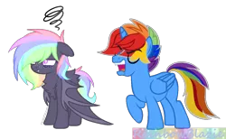 Size: 1252x772 | Tagged: safe, artist:electricaldragon, derpibooru import, oc, oc:amelia, oc:rainbowblazie, unofficial characters only, alicorn, bat pony, pony, base used, female, male, mare, simple background, stallion, transparent background