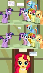 Size: 1280x2168 | Tagged: safe, artist:hakunohamikage, derpibooru import, adagio dazzle, applejack, aria blaze, rainbow dash, sonata dusk, twilight sparkle, twilight sparkle (alicorn), oc, oc:autumn shimmer, oc:garnet, ponified, alicorn, pony, unicorn, ask-princesssparkle, comic, female, mare, the dazzlings