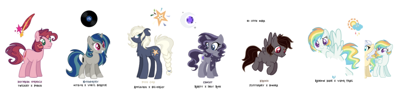 Size: 11119x2702 | Tagged: safe, artist:thepegasisterpony, derpibooru import, oc, oc:camlet, oc:daybreak sprinkle, oc:erebus, oc:misty rainbow, oc:noteworthy, oc:pixie core, oc:rj, unofficial characters only, earth pony, pegasus, pony, unicorn, chest fluff, clothes, female, magical lesbian spawn, mare, offspring, parent:applejack, parent:fluttershy, parent:inky rose, parent:king sombra, parent:oc:silverlay, parent:octavia melody, parent:pinkie pie, parent:rainbow dash, parent:rarity, parent:twilight sparkle, parent:vapor trail, parent:vinyl scratch, parents:canon x oc, parents:inkity, parents:scratchtavia, parents:silverjack, parents:sombrashy, parents:twinkie, parents:vapordash, quasarverse, scarf, simple background, transparent background