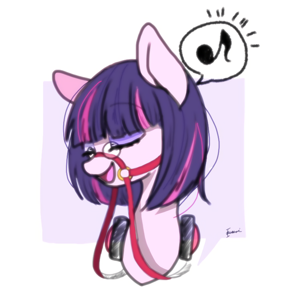 Size: 768x768 | Tagged: safe, artist:zoomiso, derpibooru import, pony, bridle, bust, eyes closed, female, glasses, halter, headphones, japan racing association, mare, music notes, not twilight sparkle, pop team epic, pop team epic kinen, sabukaru kuso hinba, smiling, solo, tack