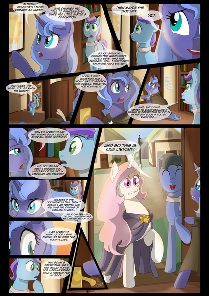 Size: 1240x1754 | Tagged: safe, artist:lunarcakez, derpibooru import, princess celestia, princess luna, oc, oc:soliloquy, pony, comic:the origins of hollow shades, cloak, clothes, comic, male, pink-mane celestia, s1 luna, stallion