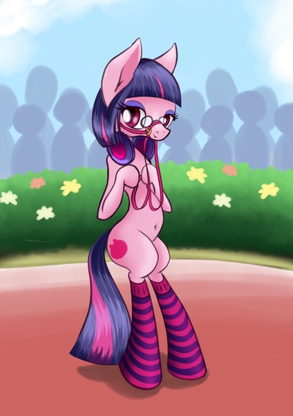 Size: 1240x1754 | Tagged: safe, artist:psaxophone, derpibooru import, pony, semi-anthro, belly button, clothes, cute, female, glasses, halter, japan racing association, looking at you, mare, not twilight sparkle, pop team epic, pop team epic kinen, reins, sabukaru kuso hinba, smiling, socks, solo, standing, striped socks, tack