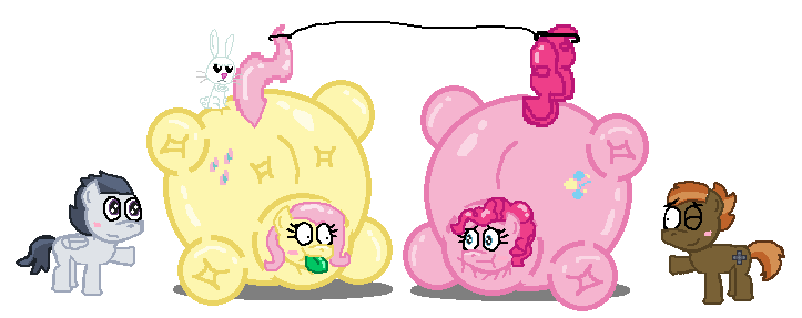 Size: 723x287 | Tagged: angel bunny, artist:theinflater19, blushing, button mash, derpibooru import, fluttershy, inflation, one eye closed, pink fuck balloons, pinkie pie, questionable, rumble, wink