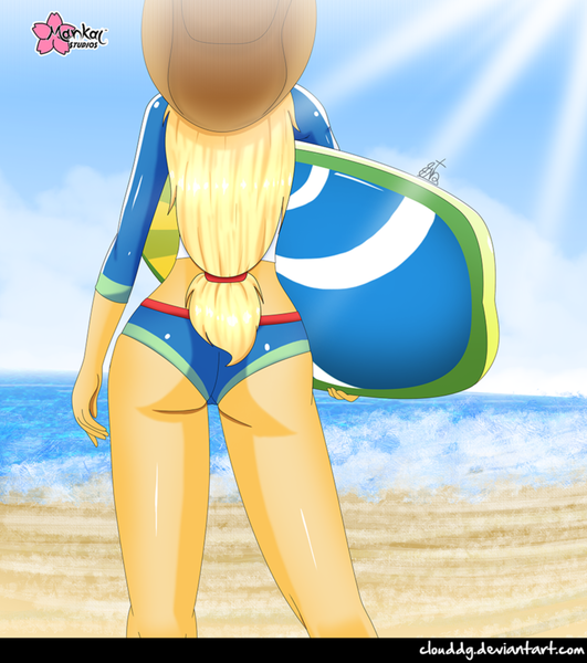 Size: 885x1000 | Tagged: safe, artist:clouddg, derpibooru import, applejack, equestria girls, equestria girls series, forgotten friendship, applebutt, ass, beach, bikini, bikini bottom, clothes, cowboy hat, crepuscular rays, female, hat, rear view, sand, solo, stetson, swimsuit