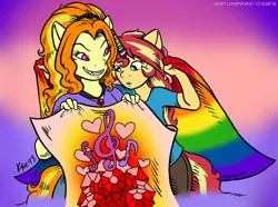 Size: 1200x891 | Tagged: adagio dazzle, anthro, artist:kaemantis, comic:junior gala, derpibooru import, female, gay pride flag, gradient background, grin, lesbian, mare, pride, pride flag, pride month, safe, shipping, smiling, sunsagio, sunset shimmer