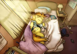 Size: 1920x1362 | Tagged: safe, artist:captainhoers, derpibooru import, spitfire, oc, oc:concorde, pony, firestarter spitfire, baby, baby pony, bed, book, clock radio, crepuscular rays, cuddling, cute, daaaaaaaaaaaw, female, morning, mother and daughter, offspring, onesie, pacifier, parent:soarin', parent:spitfire, parents:soarinfire, sleeping