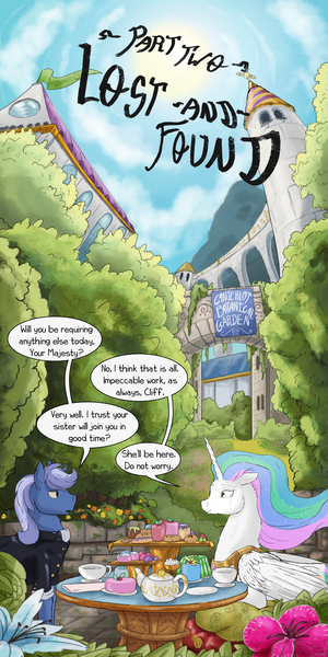 Size: 2000x4000 | Tagged: safe, artist:seventozen, derpibooru import, princess celestia, oc, oc:cliff, pony, comic:the day breaks softly, bread, clothes, comic, food, gelatin, male, stallion, teapot