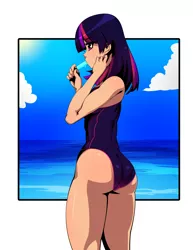 Size: 2550x3300 | Tagged: artist:reddgeist, ass, beach, clothes, cute, derpibooru import, female, food, human, humanized, ice cream, one-piece swimsuit, rear view, side, solo, solo female, suckling, suggestive, swimsuit, twiabetes, twibutt, twilight sparkle, water