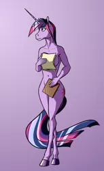 Size: 2440x3992 | Tagged: suggestive, artist:akweer, derpibooru import, twilight sparkle, anthro, unguligrade anthro, unicorn, belly button, book, breasts, busty twilight sparkle, covering, embarrassed, embarrassed nude exposure, female, gradient background, hoers, hooves, long horn, mare, nudity, paper, solo, solo female, unicorn twilight