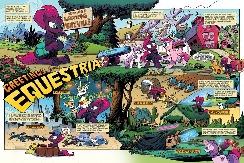 Size: 1536x1024 | Tagged: safe, artist:andypriceart, derpibooru import, idw, applejack, big macintosh, braeburn, bramble, chief thunderhooves, derpy hooves, king aspen, observer (character), pinkie pie, sweetie belle, tempest shadow, unnamed pony, buffalo, earth pony, pony, unicorn, spoiler:comic, spoiler:comic67, appleloosa, background pony, barn, blues brothers, broken horn, car, car chase, chicoltgo, comic, dan aykroyd, eye scar, female, horseolulu, john belushi, magnum p.i., male, mare, montage, new horseleans, official comic, party cannon, ponyville, preview, scar, speech bubble, stallion, tom selleck