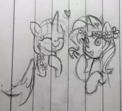 Size: 1016x925 | Tagged: safe, artist:chautung, derpibooru import, sunset shimmer, twilight sparkle, twilight sparkle (alicorn), alicorn, pony, unicorn, cute, eyes closed, female, floral head wreath, flower, heart, lesbian, lined paper, mare, pencil drawing, present, shimmerbetes, shipping, sunsetsparkle, tongue out, traditional art