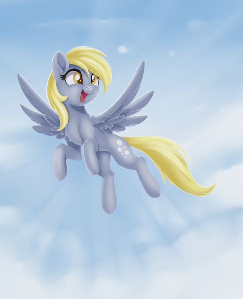 Size: 1094x1343 | Tagged: safe, artist:dusthiel, derpibooru import, derpy hooves, pegasus, pony, cloud, crepuscular rays, cute, derpabetes, female, mare, open mouth, sky, smiling, solo