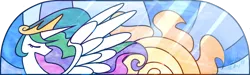 Size: 1000x300 | Tagged: safe, artist:habijob, derpibooru import, princess celestia, alicorn, pony, eyes closed, solo, stained glass, sun