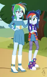 Size: 421x690 | Tagged: safe, artist:ilaria122, derpibooru import, rainbow dash, oc, oc:sky, equestria girls, belt, boots, bracelet, choker, clothes, converse, equestria girls-ified, geode of super speed, high heel boots, high heels, jersey, jewelry, leggings, magical geodes, mother and daughter, next generation, offspring, older, older rainbow dash, parent:rainbow dash, parent:soarin', parents:soarindash, park, piercing, ponytail, shoes, simple background, smiling, sneakers, socks, walking