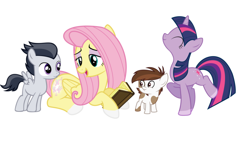 Size: 7980x4792 | Tagged: safe, artist:parclytaxel, derpibooru import, fluttershy, pipsqueak, rumble, twilight sparkle, earth pony, pegasus, pony, unicorn, absurd resolution, book, colt, female, flutterrumble, hoof polish, male, mare, nail polish, prone, shipping, simple background, socks (coat marking), straight, straight shota, transparent background, twipip, unicorn twilight, vector