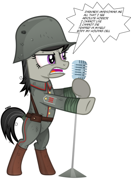Size: 3530x4830 | Tagged: angry, artist:a4r91n, bandage, belt, bipedal, boots, derpibooru import, epaulettes, german, kriegtavia, messy mane, metallica, microphone, military uniform, octavia melody, one, safe, shoes, simple background, song reference, stahlhelm, transparent background, vector, world war i