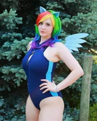 Size: 3614x4518 | Tagged: armpits, boob window, breasts, clothes, cosplay, costume, derpibooru import, female, human, irl, irl human, one-piece swimsuit, photo, rainbow dash, solo, solo female, suggestive, swimsuit, zipper