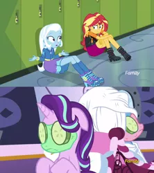 Size: 1276x1436 | Tagged: safe, derpibooru import, screencap, starlight glimmer, sunset shimmer, trixie, equestria girls, equestria girls series, forgotten friendship, no second prances, cucumber, discovery family logo, food, mud mask, ponyville spa, sitting, spa, towels