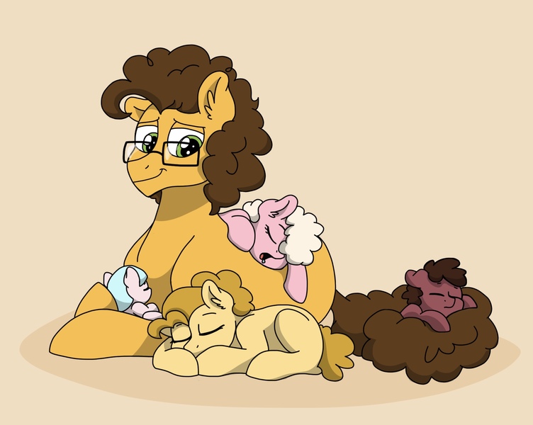Size: 1907x1521 | Tagged: safe, artist:pastel-charms, derpibooru import, cheese sandwich, oc, oc:carmel bell, oc:rocky, oc:taffy twirl, oc:twinkle star, pony, colt, father and child, father's day, female, filly, glasses, male, offspring, parent:cheese sandwich, parent:pinkie pie, parents:cheesepie, prone, simple background, yellow background