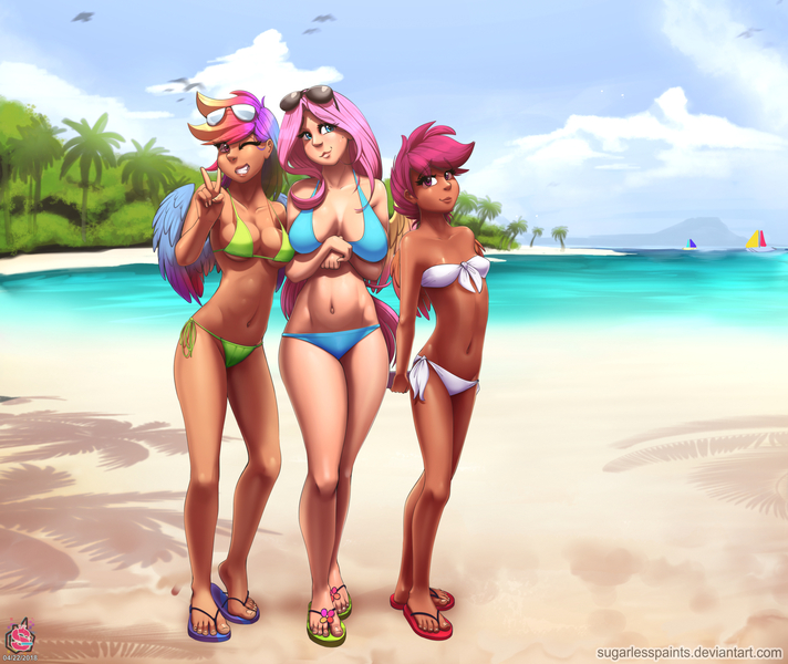 Size: 2560x2157 | Tagged: artist:sugarlesspaints, bandeau, beach, belly button, boat, breasts, busty fluttershy, busty rainbow dash, clothes, derpibooru import, explicit source, feet, female, females only, flip-flops, fluttershy, grin, human, humanized, looking at you, older, older scootaloo, one eye closed, outdoors, palm tree, rainbow dash, sandals, scootaloo, smiling, stupid sexy scootaloo, suggestive, summer, sunglasses, swimsuit, tree, trio, winged humanization, wings, wink