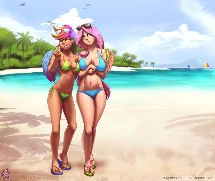 Size: 2800x2359 | Tagged: suggestive, artist:sugarlesspaints, derpibooru import, fluttershy, rainbow dash, human, beach, belly button, boat, breasts, busty fluttershy, busty rainbow dash, clothes, cute, dashabetes, duo, feet, female, females only, flip-flops, grin, humanized, looking at you, one eye closed, outdoors, palm tree, sandals, shyabetes, smiling, summer, sunglasses, swimsuit, tree, winged humanization, wings, wink