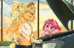 Size: 1280x828 | Tagged: anthro, applejack, artist:earthsong9405, car, chest fluff, clothes, derpibooru import, duo, female, grease, mare, no breasts, partial nudity, pinkie pie, ponytail, road trip, safe, scar, sweat, toothpick, topless