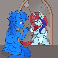 Size: 2625x2625 | Tagged: safe, artist:thexiiilightning, derpibooru import, oc, unofficial characters only, pegasus, pony, unicorn, belly button, broken mirror, chest fluff, ear piercing, earring, female, frown, jewelry, male, mirror, piercing, reaching out, sad, sitting