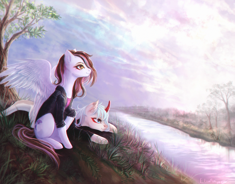 Size: 2230x1754 | Tagged: safe, artist:elzafox, derpibooru import, oc, pegasus, pony, unicorn, nature, scenery, sunset