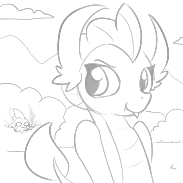 Size: 3000x3000 | Tagged: safe, artist:tjpones, derpibooru import, smolder, spike, dragon, blushing, burning, bush, cute, cute little fangs, fangs, female, fire, grayscale, hiding, looking over shoulder, male, monochrome, shipping, simple background, smolderbetes, spolder, straight, tongue out, white background