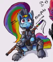 Size: 611x708 | Tagged: safe, artist:greyscaleart, artist:pabbley, derpibooru import, rainbow dash, tempest shadow, pegasus, pony, unicorn, :p, alternate hairstyle, armor, blushing, female, katana, mare, ponytail, silly, simple background, sweat, sweatdrop, sword, tongue out, weapon, white background