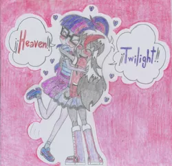 Size: 1771x1712 | Tagged: safe, artist:nephilim rider, derpibooru import, sci-twi, twilight sparkle, oc, oc:heaven lost, equestria girls, canon x oc, heart, hug, traditional art