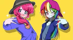 Size: 971x531 | Tagged: safe, artist:lotte, derpibooru import, pinkie pie, rainbow dash, eqg summertime shorts, equestria girls, get the show on the road, testing testing 1-2-3, spoiler:eqg specials, anime, backwards ballcap, baseball cap, cap, clothes, cute, duo, hat, long hair, looking at you, mc pinkie, one eye closed, open mouth, peace sign, rapper, rapper dash, rapper pie, simple background, smiling, yellow background