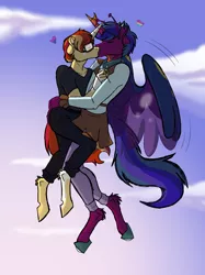 Size: 2048x2732 | Tagged: safe, artist:percy-mcmurphy, derpibooru import, oc, oc:alistair, oc:stardust, unofficial characters only, alicorn, anthro, unguligrade anthro, unicorn, alicorn oc, eyes closed, gay, kissing, male, next generation, parents:sundancer, parents:twirax, pride month