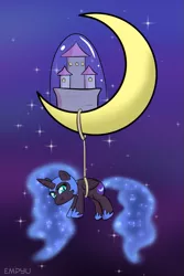 Size: 667x1000 | Tagged: safe, artist:empyu, derpibooru import, nightmare moon, alicorn, pony, 45 minute art challenge, chibi, crescent moon, cute, female, mare, mini, moon, night, pouting, sky, solo, stars, tangible heavenly object