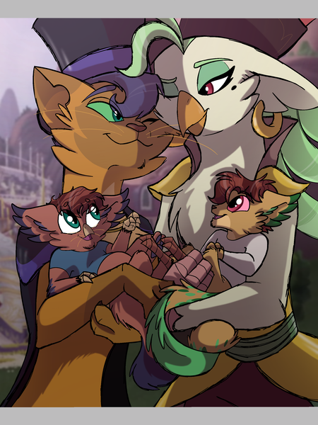 Size: 2048x2732 | Tagged: abyssinian, anthro, artist:percy-mcmurphy, beauty mark, caplaeno, capper dapperpaws, captain celaeno, clothes, couple, cute, derpibooru import, ear piercing, earring, family, father, female, future, hat, hybrid, interspecies offspring, jewelry, male, mother, my little pony: the movie, next generation, nuzzling, oc, offspring, one eye closed, parent:capper, parent:captain celaeno, parents:caplaeno, piercing, pirate hat, safe, shipping, smiling, wink