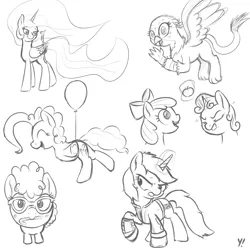Size: 2000x2000 | Tagged: safe, artist:yakoshi, derpibooru import, apple bloom, gabby, philomena, pinkie pie, princess celestia, sweetie belle, twist, oc, oc:littlepip, alicorn, earth pony, gryphon, phoenix, pony, unicorn, fallout equestria, fanfic, apple, balloon, black and white, blushing, bow, candy, candy cane, clothes, cutie mark, eyes closed, fanfic art, female, filly, floating, foal, food, glasses, glowing horn, grayscale, gritted teeth, hair bow, hooves, horn, levitation, looking at you, looking back, magic, mare, monochrome, mouth hold, nom, open mouth, pipbuck, simple background, sketch, smiling, spread wings, teeth, telekinesis, then watch her balloons lift her up to the sky, underhoof, vault suit, waving, white background, wings