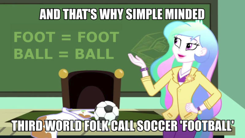 Size: 1080x608 | Tagged: safe, derpibooru import, edit, edited screencap, screencap, princess celestia, eqg summertime shorts, equestria girls, subs rock, clothes, downvote bait, drama bait, football, image macro, meme, op is wrong, principal celestia, sports