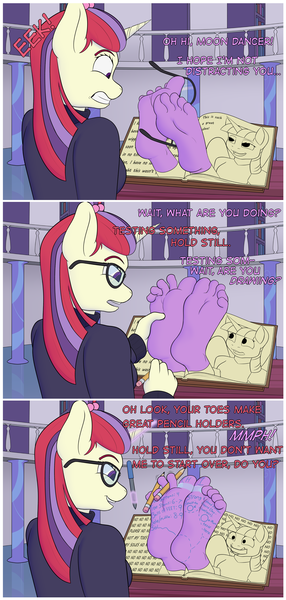 Size: 1429x3000 | Tagged: suggestive, artist:nudeknightart, derpibooru import, moondancer, twilight sparkle, twilight sparkle (alicorn), alicorn, anthro, plantigrade anthro, unicorn, barefoot, big feet, body writing, bondage, book, comic, dialogue, drawing, feet, female, fetish, foot fetish, for science, gag, glasses, haycartes' method, horn ring, lesbian, magic, magic suppression, muffled words, pen, pencil, shipping, smiling, smirk, soles, stocks, tape gag, tickle fetish, tickle torture, tickling, toe tied, toes, twidancer