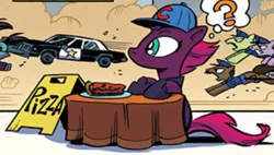 Size: 540x306 | Tagged: safe, artist:andypriceart, derpibooru import, idw, tempest shadow, unnamed pony, earth pony, pony, unicorn, spoiler:comic, spoiler:comic67, baseball cap, blues brothers, bluesmobile, cap, car, chase, chicago, chicoltgo, cropped, cute, deep dish pizza, dodge (car), dodge monaco, female, food, hat, male, mare, official comic, pizza, police car, police pony, question mark, stallion, thought bubble