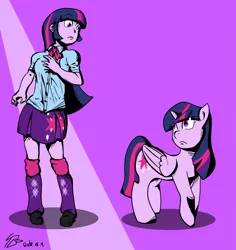 Size: 1299x1377 | Tagged: safe, artist:sozglitch, derpibooru import, twilight sparkle, twilight sparkle (alicorn), alicorn, pony, equestria girls, clothes, female, leg warmers, mare, pleated skirt, self paradox, shoes, simple background, skirt, socks